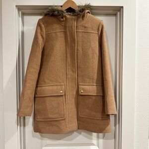 J.Crew Chateau Parka Camel Brown Wool Blend Faux Fur Hooded Coat Size 10 Preppy
